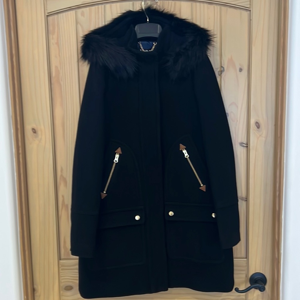 *NWT J. Crew JCREW Black Italian Wool Blend Coat Detachable Faux Fur Trim